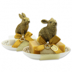 Sheep milk soap 100g on soap dish decorated with a rabbit, Christmas rose/swiss pine 