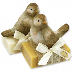 Schafmilchseife eckig 150g dekoriert mit Vogel, Classic/Zirbe 