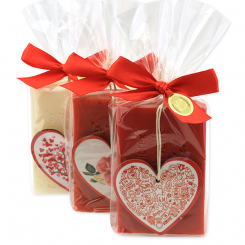 Sheep milk soap 150g decorated with a heart in a cellophane, Classic/Pomegranate/Rose with petals 