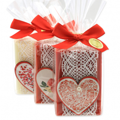 Sheep milk soap 150g decorated with a heart in a cellophane, Classic/Pomegranate/Rose with petals 
