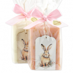 Sheep milk soap 150g decorated with a rabbit in a cellophane, Classic/Wild rose with petals 