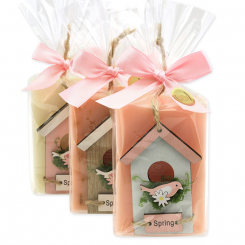 Sheep milk soap 150g decorated with a bird house in a cellophane, Classic/Wild rose with petals/Peony 