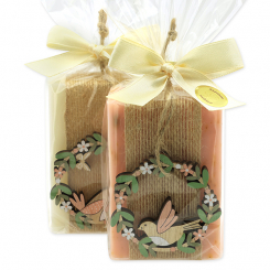 Sheep milk soap 150g decorated with a bird in a cellophane, Classic/Wild rose with petals 