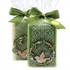 Sheep milk soap 150g decorated with a bird in a cellophane, Classic/Garden soap 