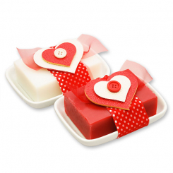 Sheep milk soap 150g on a soap dish, decorated with a heart, Classic/rose 