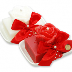 Sheep milk soap 150g on a soap dish, decorated with a rose 54g, Classic/rose red 