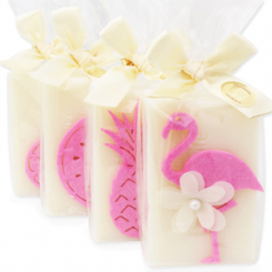 Schafmilchseife eckig 150g, dekoriert mit Flamingo und Früchte in Cello, Classic 
