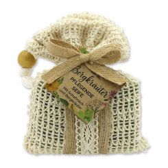 Schafmilchseife eckig 150g im Waschbeutel "Wohlfühlzeit", Bergkräuter 