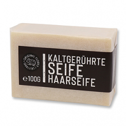 Kaltgerührte Seife 100g, Black Edition, weiss verpackt, Haarseife 