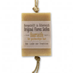 Kaltgerührte Spezialseife 90g hängend mit Kordel transparente Schleife, Haarseife 