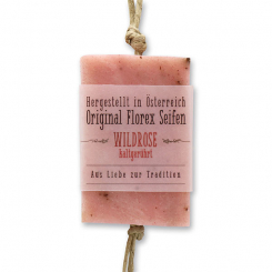 Kaltgerührte Seife 90g hängend mit Kordel transparente Schleife, Wildrose mit Blüten 