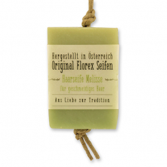 Kaltgerührte Spezialseife 90g hängend mit Kordel transparente Schleife, Haarseife Melisse 