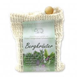 Kaltgerührte Schafmilchseife 150g modern im Waschbeutel, Bergkräuter 