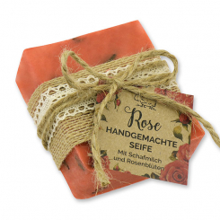Kaltgerührte Schafmilchseife 150g dekoriert "Wohlfühlzeit", Rose mit Blüten 