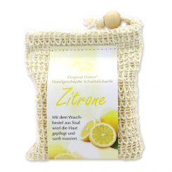 Handgeschöpfte Schafmilchseife 150g modern im Waschbeutel, Zitrone 