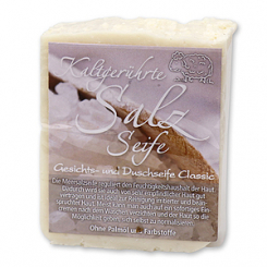 Cold-stirred sheep milk soap 150g with modern labelling, Salt-soap classic 