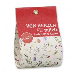 Badebutter-Kugel mit Schafmilch 50g in Tasche "Von Herzen", Saflorblüten/Granatapfel 