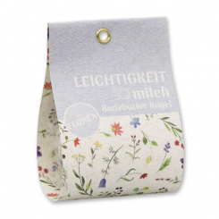 Badebutter-Kugel mit Schafmilch 50g in Tasche "Leichtigkeit", Kornblume blau/Lotus 