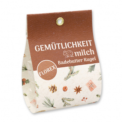 Badebutter-Kugel mit Schafmilch 50g in Tasche "Gemütlichkeit", Fichtennadeln/Zirbe 