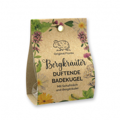 Badebutter-Kugel mit Schafmilch 50g in Tasche "Wohlfühlzeit", Bergkräuter 