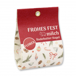 Badebutter-Kugel mit Schafmilch 50g in Tasche "Frohes Fest", Rosa Pfeffer/Cranberry 