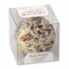 Badebutter-Kugel mit Schafmilch 50g in Cellobox, Kornblume, Ringelblume/Gummibärli 