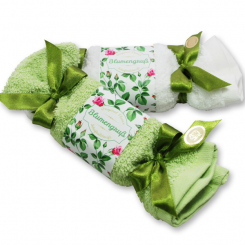 Schafmilchseife eckig 100g im Waschlappenzuckerl "Blumengruß", Eisenkraut 