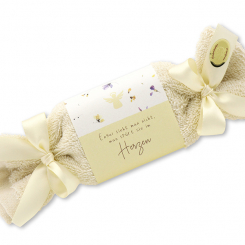 Sheep milk soap 100g in a washcloth "Engel sieht man nicht,...", Swiss pine 