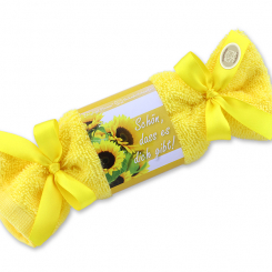 Schafmilchseife eckig 100g im Waschlappenzuckerl "Schön, dass es dich gibt", Sonnenblume 