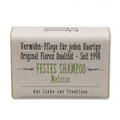 Festes Shampoo 100g eckig verpackt mit Papier-Banderole,  Melisse 