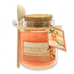 Bath salt 300g in a glass jar with a wooden spoon, Mandarin cinnamon 