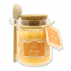 Bath salt 300g in a glas with a wooden spoon decorated "Florentine", Orange 