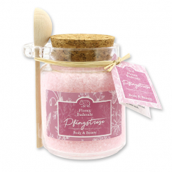 Bath salt 300g in a glas with a wooden spoon decorated "Florentine", Peony 