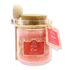 Bath salt 300g in a glas with a wooden spoon decorated "Florentine", red Rose 