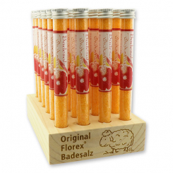 Aufsteller Holz befüllt mit Badesalz in der Phiole 28g, Blutorange 