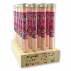 Aufsteller Holz befüllt mit Badesalz in der Phiole 28g, Rose 
