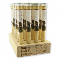 Aufsteller Holz befüllt mit Badesalz in der Phiole 28g, Zirbe 