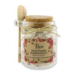 Badesalz 300g im Glas mit Holzlöffel "Wohlfühlzeit", Rose mit Blüten 