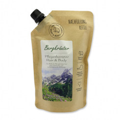 Pflegeshampoo Hair & Body mit biologischer Schafmilch 500ml im Nachfüll-Beutel, Bergkräuter 