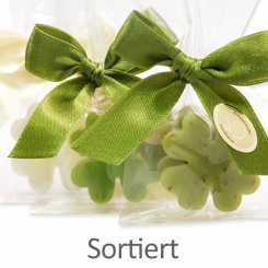 Schafmilchseife Kleeblatt mini 14g, in Cello, Classic/Birne/Eisenkraut 