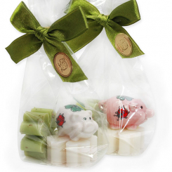 Schafmilchseife Kleeblatt 14g dekoriert mit Glücksschwein in Cello, Classic/Eisenkraut 