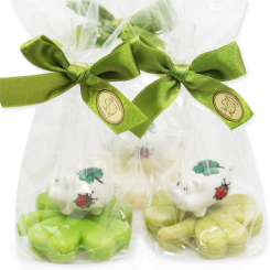 Schafmilchseife Kleeblatt 32g dekoriert mit Glücksschwein  in Cello, sortiert 