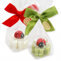 Schafmilchseife Kleeblatt 14g dekoriert mit Marienkäfer in Cello, Classic/Eisenkraut 