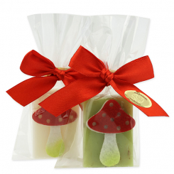 Schafmilchseife Gästeseife 25g dekoriert mit Fliegenpilz in Cello, Classic/Eisenkraut 