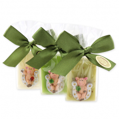 Schafmilchseife Gästeseife 25g dekoriert mit Glücksschweinchen in Cello, sortiert 