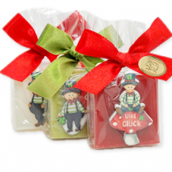 Schafmilchseife Quadrat 35g dekoriert mit Rauchfangkehrer in Cello, sortiert 