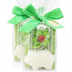 Schafmilchseife eckig 100g dekoriert mit Glücksschwein 15g in Cello, Classic/Birne 