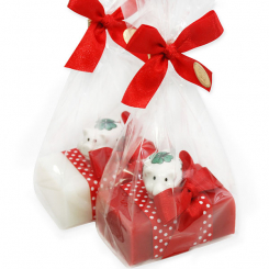 Schafmilchseife eckig 100g dekoriert mit Glücksschwein in Cello, Classic/Granatapfel 