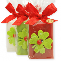 Schafmilchseife eckig 100g dekoriert mit Kleeblatt in Cello, sortiert 