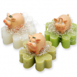 Schafmilchseife Kleeblatt 25g dekoriert mit Glücksschwein, sortiert 